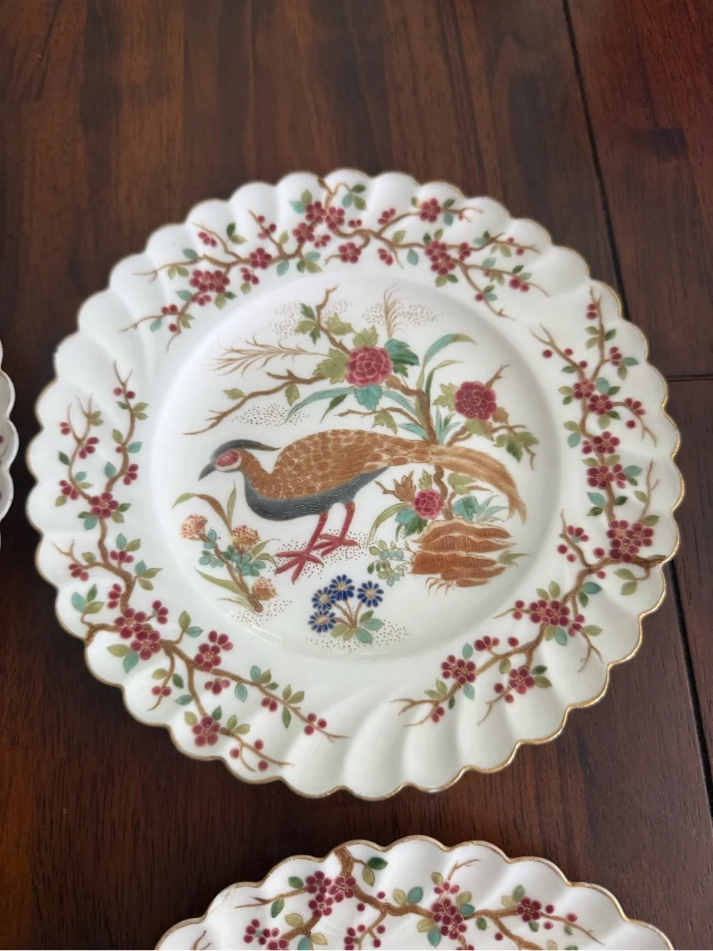 Scalloped Ceramic Dinner Plate with Peacock & Rooster Motifs - White Multi-Color